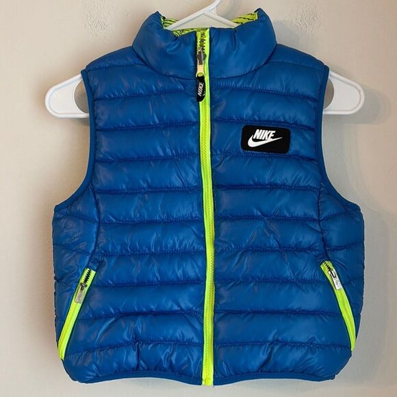 Nike Kids boys unisex Blue Puffer Reversible neon yellow blue Vest size 7 EUC! - Picture 1 of 10